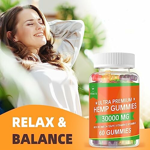 Woman relaxing next to a bottle of hemp gummies labeled 30000 MG.