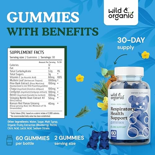 Wild & Organic Respiratory Health Support Gummies with Supplement Facts.