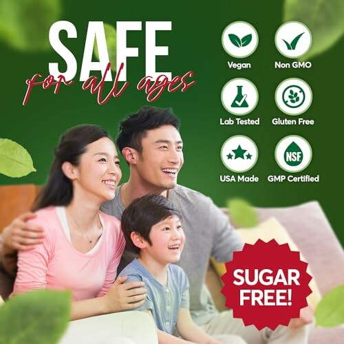 Family with safe supplement features: vegan, non-GMO, lab tested, gluten free, USA made, GMP certified, sugar free.