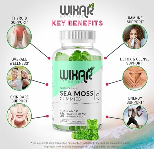 Sea Moss Gummies with key benefits like thyroid, immune, detox, skin, energy, and wellness support.