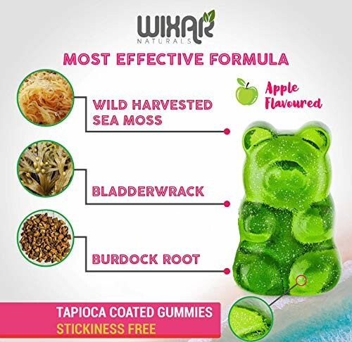 Image of Wixar Naturals sea moss gummies with ingredients: sea moss, bladderwrack, burdock root.