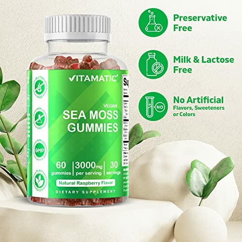 Sea moss gummies bottle with health benefits listed.