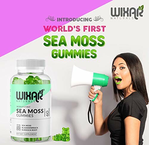 Woman promoting Wixar Naturals sea moss gummies with megaphone.