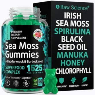 Sea Moss Gummies dietary supplement with various ingredients listed.