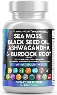 Bottle of sea moss, black seed oil, ashwagandha, and burdock root supplement capsules.