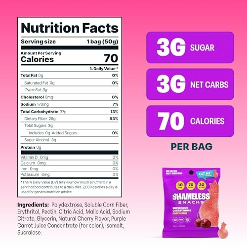 Nutrition facts for Shameless Snacks with 3g sugar, 3g net carbs, and 70 calories per bag.