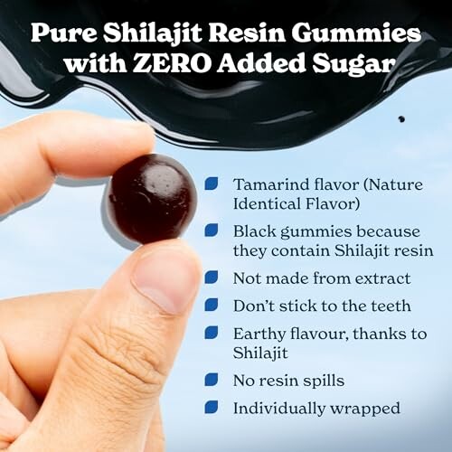 Hand holding a black gummy with shilajit resin features listed.