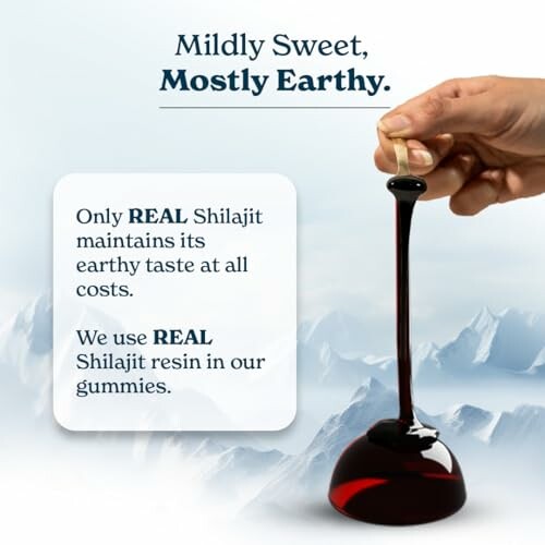 Hand holding Shilajit resin with text about its earthy taste.