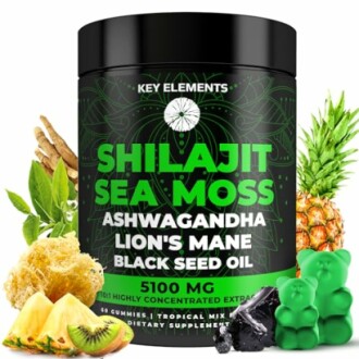 Supplement bottle with ingredients like shilajit, sea moss, ashwagandha, lion's mane, black seed oil, and tropical fruits.