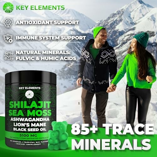 Shilajit Sea Moss supplement with health benefits listed, featuring a couple in winter clothing outdoors.