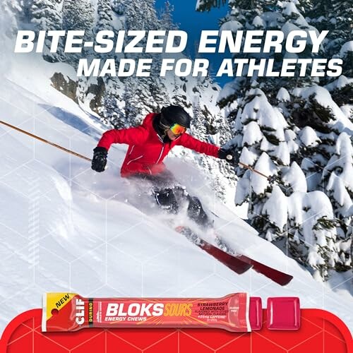 Skier on snowy slope with energy chews ad