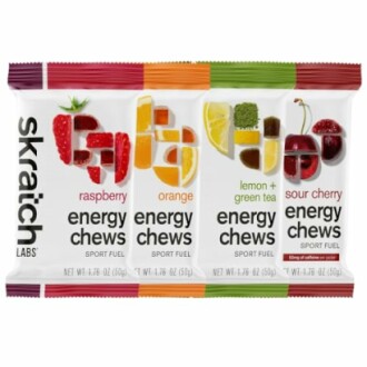 Skratch Labs energy chews in raspberry, orange, lemon green tea, and sour cherry flavors.