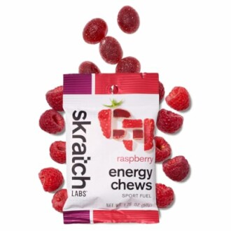 Skratch Labs raspberry energy chews with fresh raspberries.