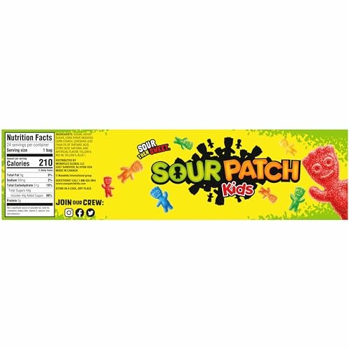 Sour Patch Kids candy packaging with colorful gummy characters.