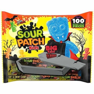 Sour Patch Kids Halloween candy with vampire theme packaging.