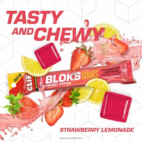 Strawberry Lemonade Clif Bloks energy chews with fruit and splash graphics.