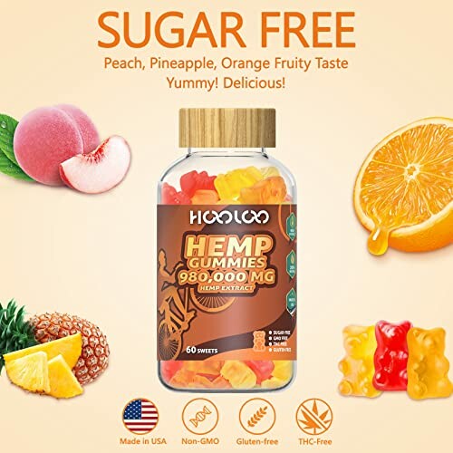 Sugar-free hemp gummies with peach, pineapple, and orange flavors.