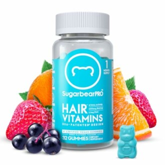 SugarbearPRO Hair Vitamins bottle with fruit and gummies