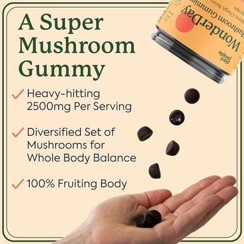 Hand holding mushroom gummies with supplement facts.