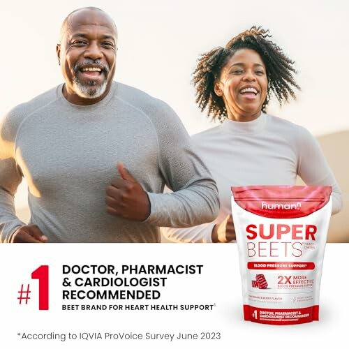 Two people jogging with SuperBeets supplement package.