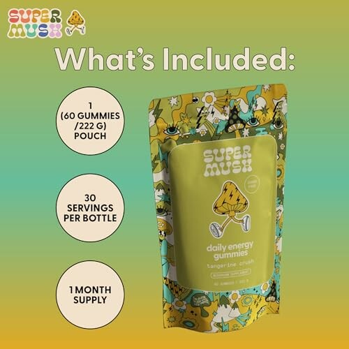 SuperMush daily energy gummies pouch with details.