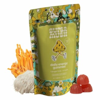 SuperMush daily energy gummies with mushrooms and tangerine flavor