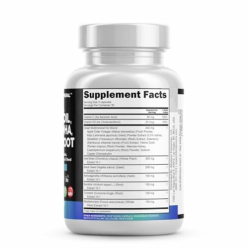 Supplement bottle with detailed label and ingredients list.