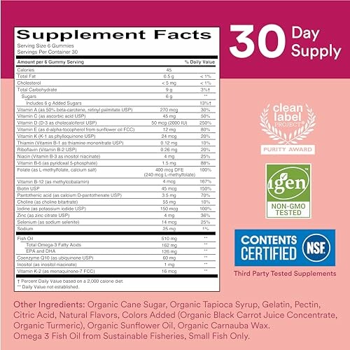 Supplement facts label for a 30-day supply of gummies with various certifications.