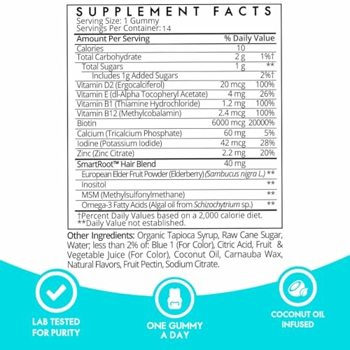 Supplement facts for gummy vitamins including calories, vitamins, and ingredients.