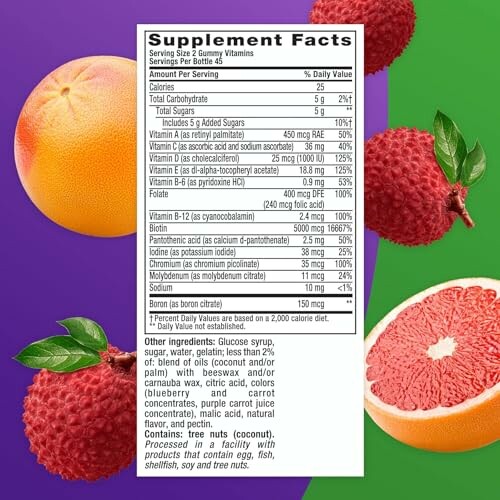 Supplement facts label for gummy vitamins with fruits like grapefruit and lychee.