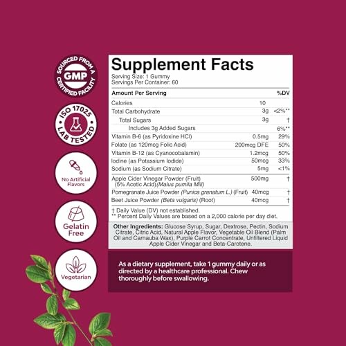 Supplement facts label for gummy vitamins with ingredients and dietary instructions.