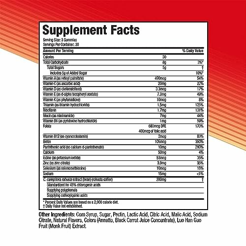 Supplement facts label for gummies showing nutritional information and ingredients.