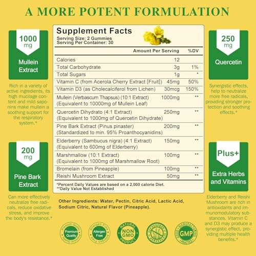 Supplement facts label highlighting potent formulation with mullein and pine bark extract.