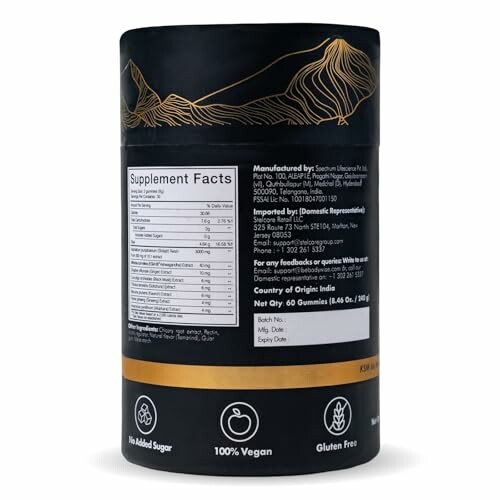 Back view of supplement packaging with nutrition facts and icons for vegan, gluten-free, and no added sugar.