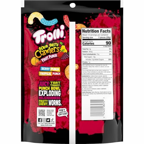 Trolli Sour Brite Crawlers Fruit Punch candy packaging with nutrition facts.