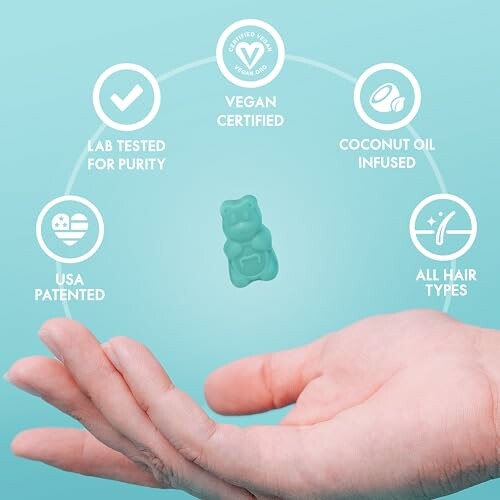 Hand holding a gummy with icons highlighting benefits: lab tested, vegan certified, coconut oil infused, USA patented, suitable for all hair types.