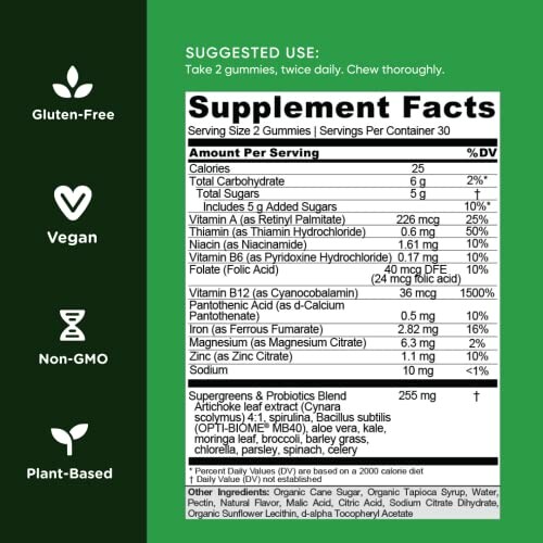 Supplement facts for vegan, gluten-free, non-GMO gummies.