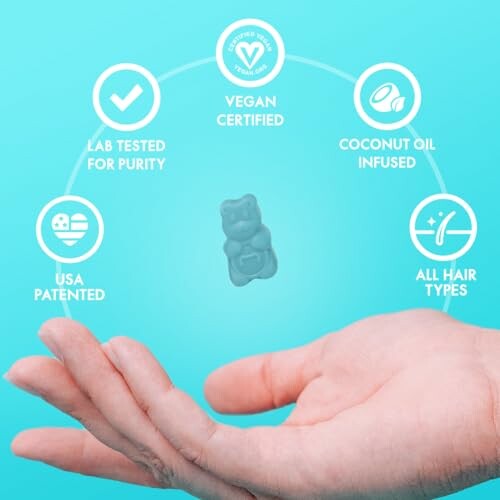 Hand holding a gummy bear with benefits listed: lab tested, vegan, coconut oil, patented, for all hair types.