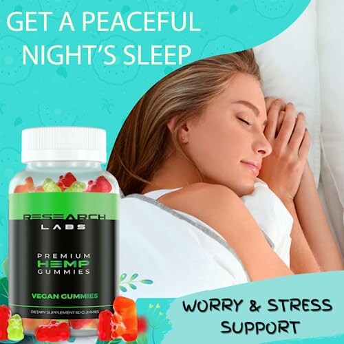 Woman sleeping peacefully with a bottle of hemp gummies.