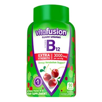 Vitafusion Vitamin B12 gummy vitamins bottle with cherry flavor, extra strength 3000 mcg.