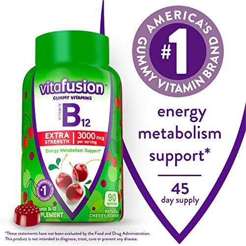 Vitafusion B12 gummy vitamins for energy metabolism support, 45-day supply.