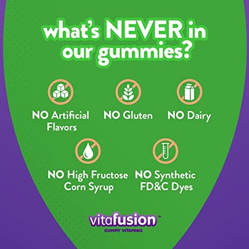 Vitafusion gummies ingredients list: no artificial flavors, gluten, dairy, high fructose corn syrup, synthetic FD&C dyes.