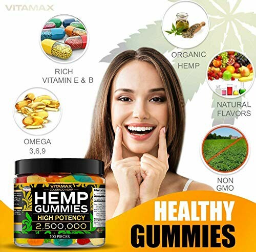 Advertisement for Vitamax Hemp Gummies highlighting benefits like organic hemp, natural flavors, non-GMO, omega 3,6,9, and rich in vitamins E and B.