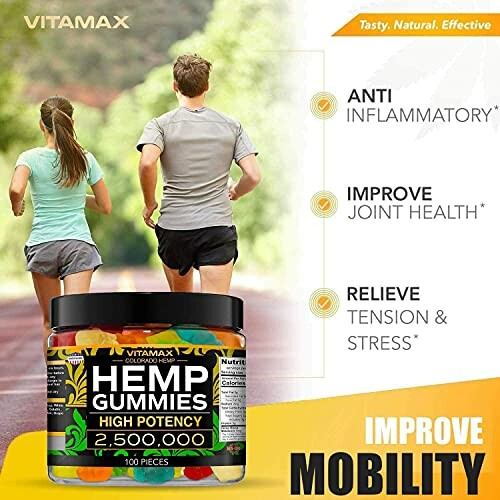 Vitamax Hemp Gummies advertisement highlighting benefits for mobility, anti-inflammatory, joint health, and stress relief.