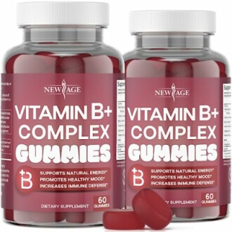 Two bottles of Vitamin B Complex gummies with three gummies in front.