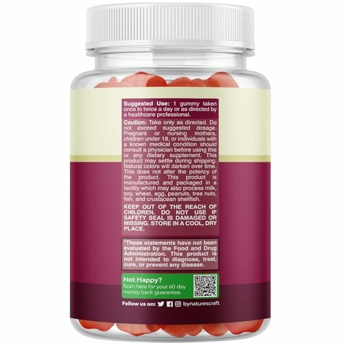 Back view of a vitamin gummies bottle with suggested use and caution information.