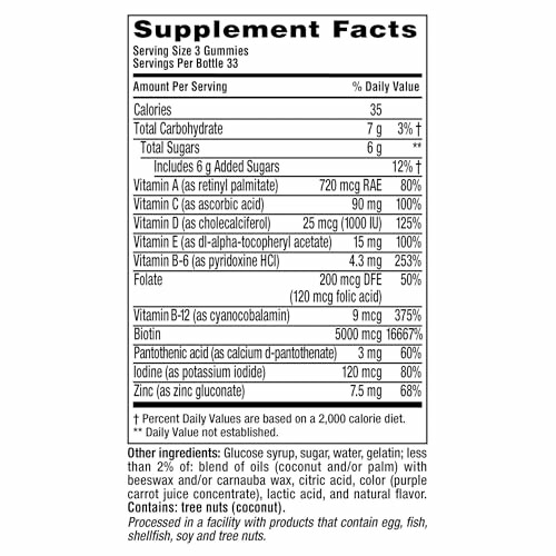 Supplement facts label for vitamin gummies.