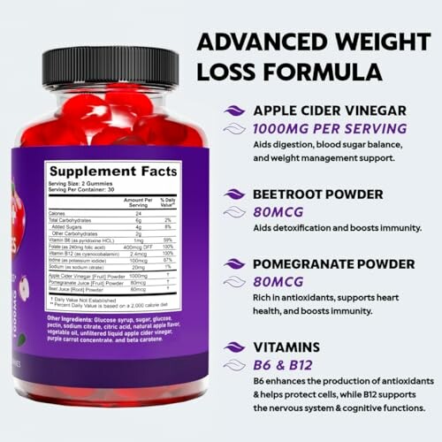 Supplement bottle with ingredients: apple cider vinegar, beetroot powder, pomegranate powder, vitamins B6 and B12.