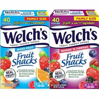 Welch's Fruit Snacks Family Size boxes, Mixed Fruit and Berries 'n Cherries flavors.