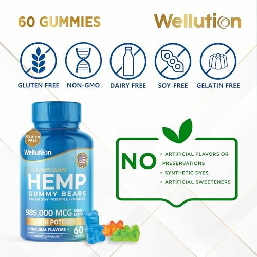 Wellution Hemp Gummy Bears, gluten-free, non-GMO, dairy-free, soy-free, gelatin-free with high potency omega 3-6-9, vitamins, no artificial flavors or preservatives.